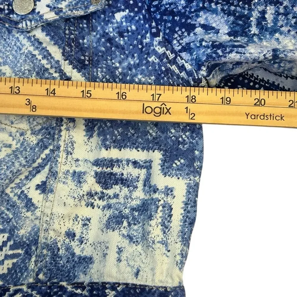 Chicos Mixed Artisan Pattern Beaded Cropped Blue and White Jean Jacket Medium